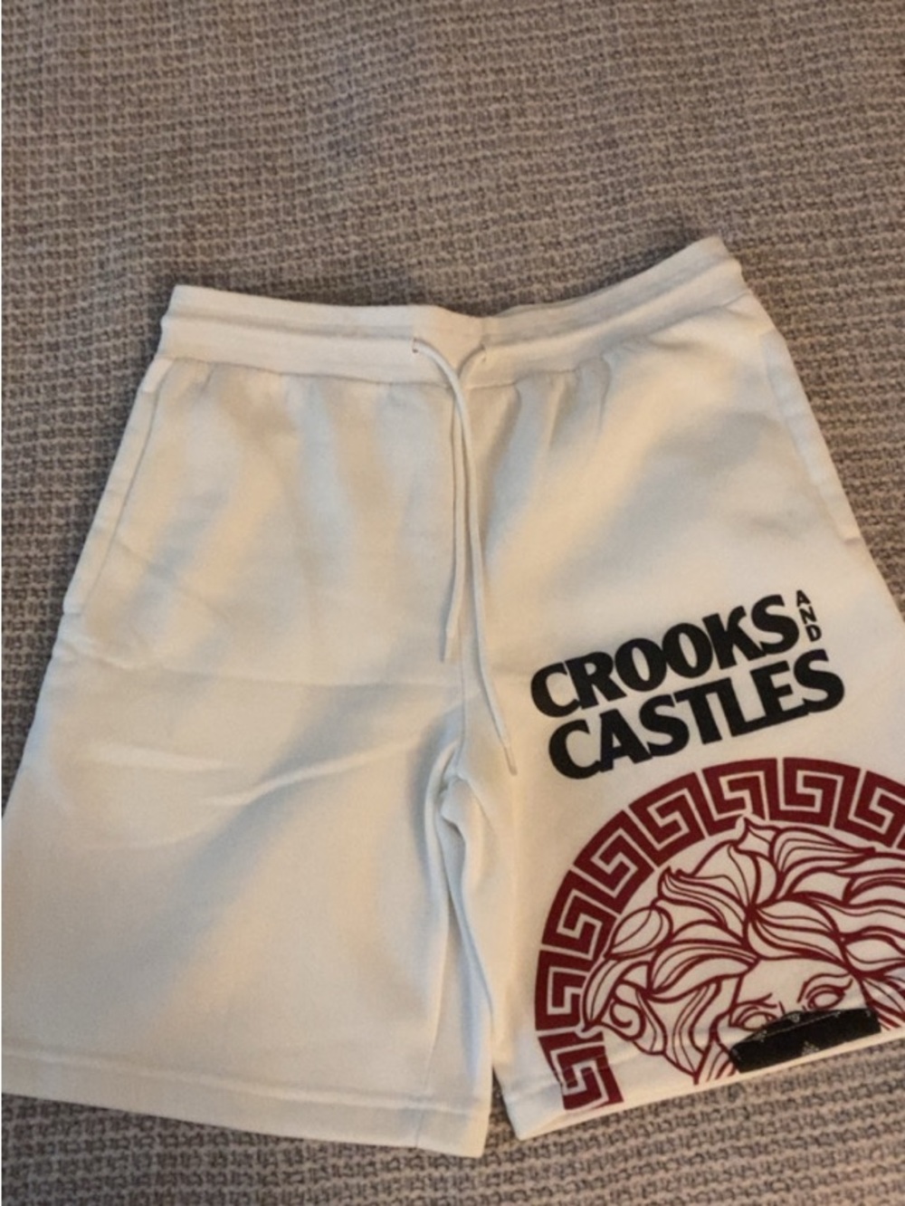 Crooks & Castles White Athletic Shorts with Maroon Graphic
